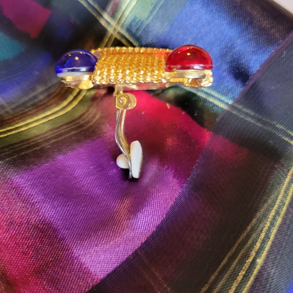 Vintage Elaine Gold Scarf ~ Jewel Tones 70s(?) & single clip earring ~ Art deco-